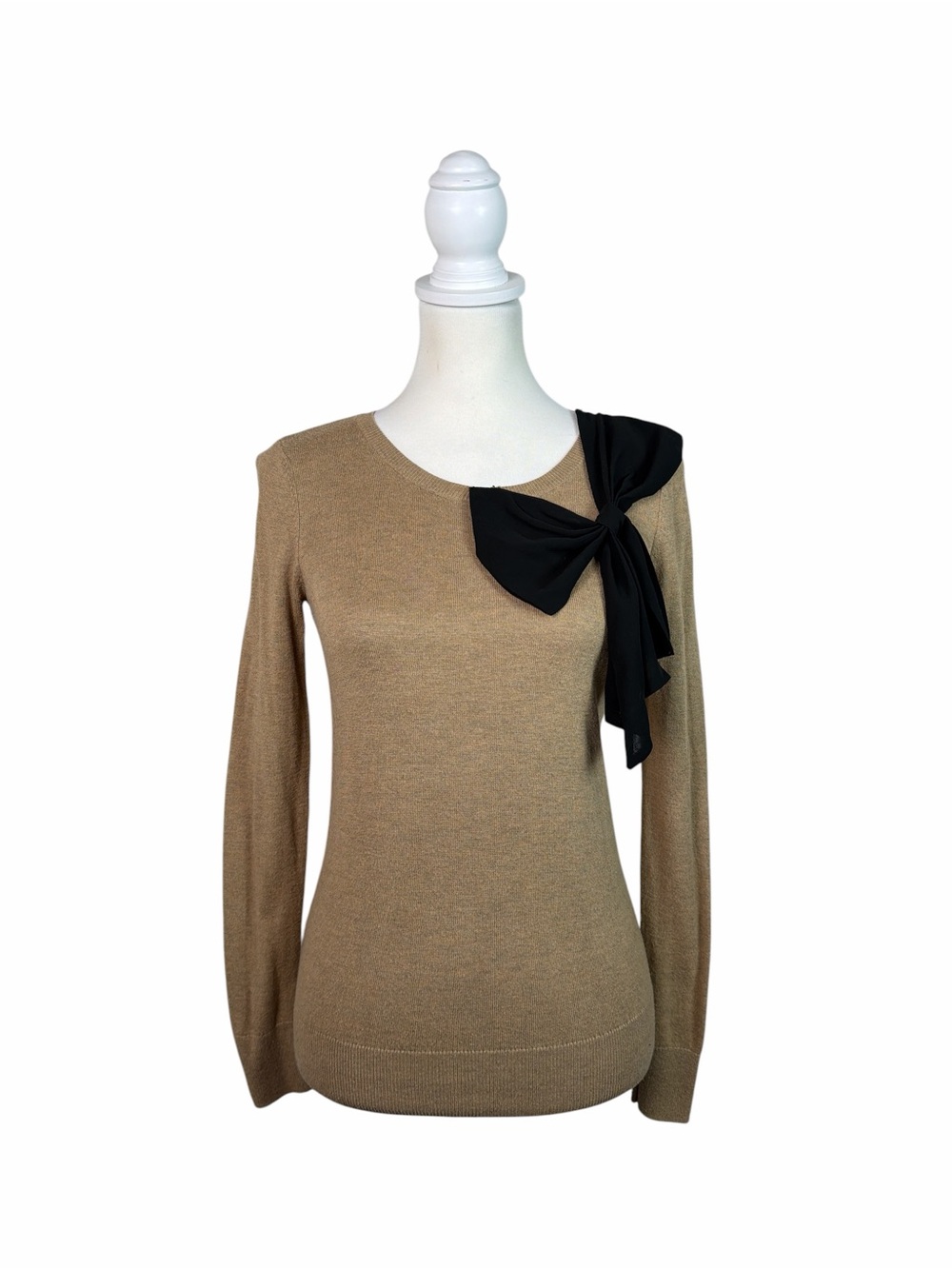 LOFT Women’s XS Tan Brown Knit Sweater Black Bow Long Sleeve Coquette Top